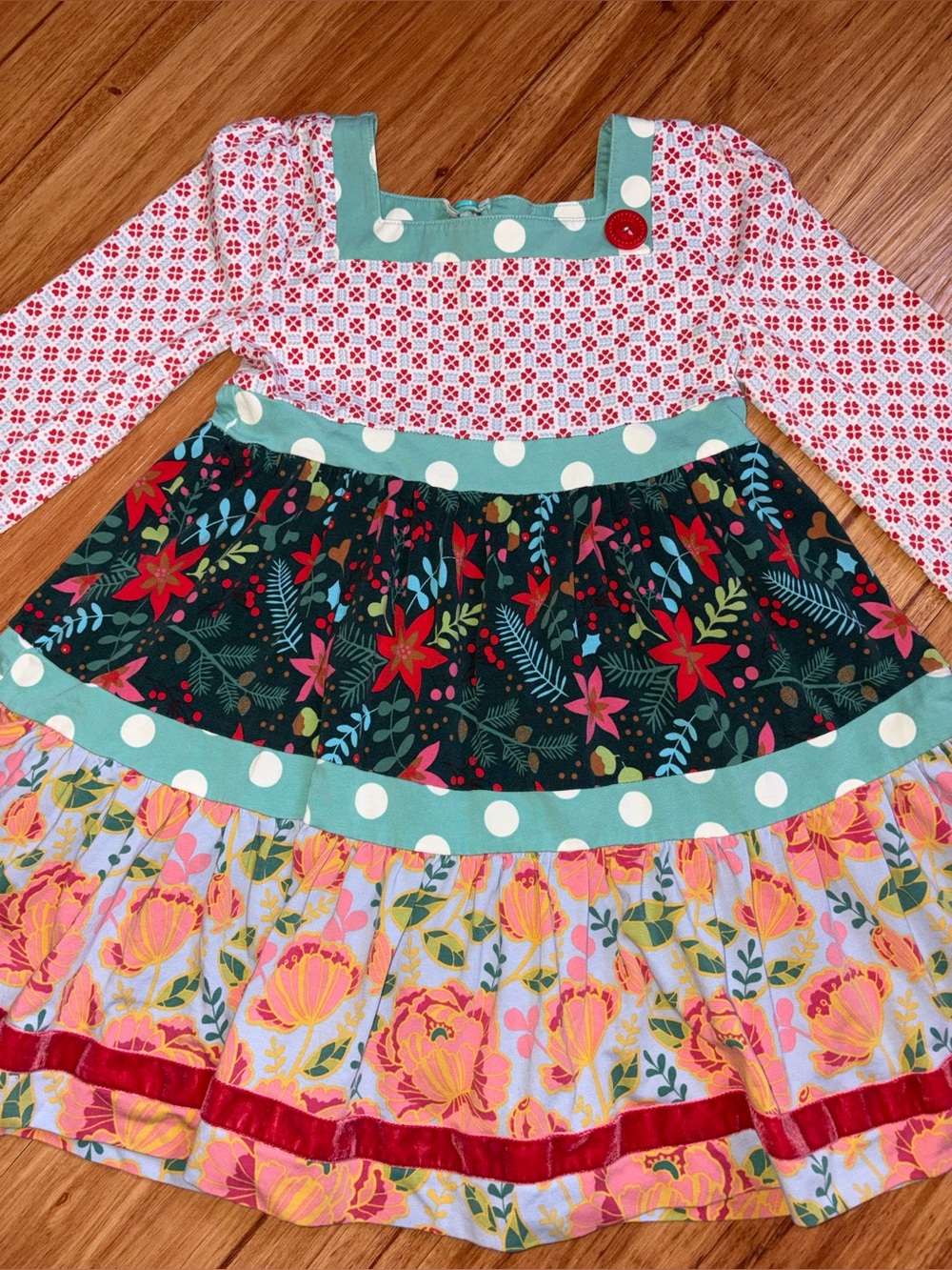 Matilda Jane Multi-Print Tiered Dress in Teal, Red, Pink size 6